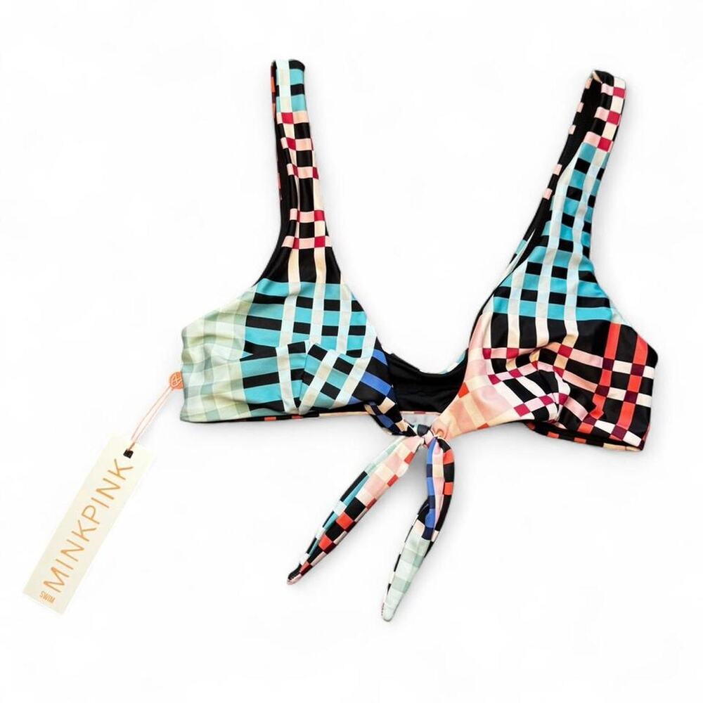 NWT MINKPINK Penelope Multicolor Checkered Plaid Tie-Front Bikini Top — LARGE - Picture 4 of 7